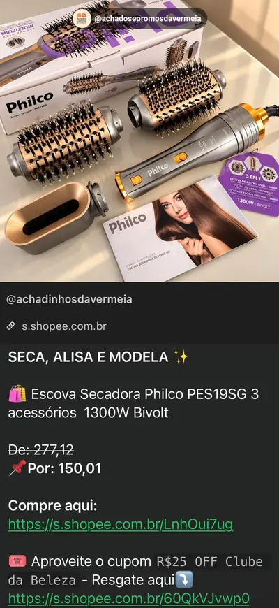 Escova Secadora Philco 3 em 1 de R$ 277,12 por R$ 150,01 na Shopee