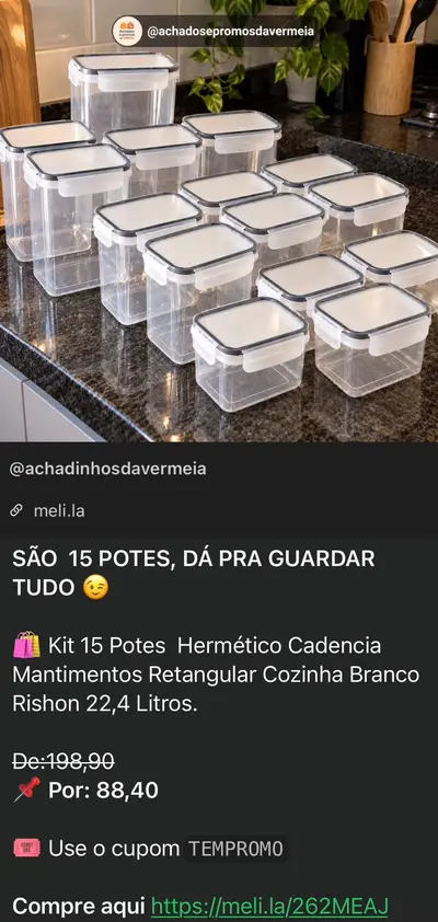 Kit 15 Potes Herméticos de R$ 198,90 por R$ 88,40 no Mercado Livre