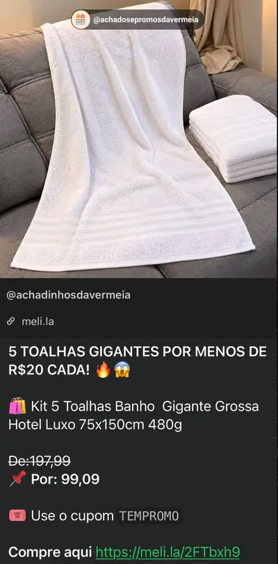 Kit 5 Toalhas de Banho Gigantes de R$ 197,99 por R$ 99,09 no Mercado Livre